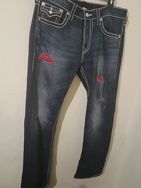 True Religion Dark Blue Slim Jeans with Red Distressed Accents